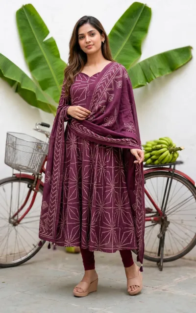 Jerisha Plum Bandhani Printed Anarkali (Kurti+Dupatta)